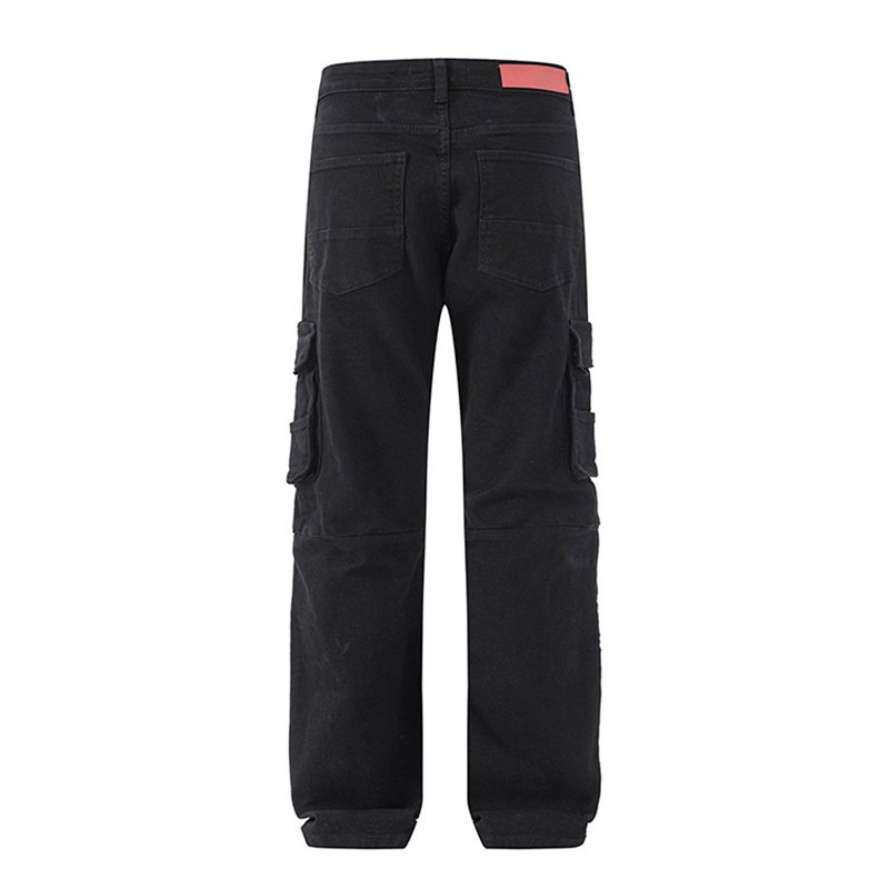 back view multi pocket twill cotton denim jeans custom maker deep black wash cargo trousers straight cut workwear