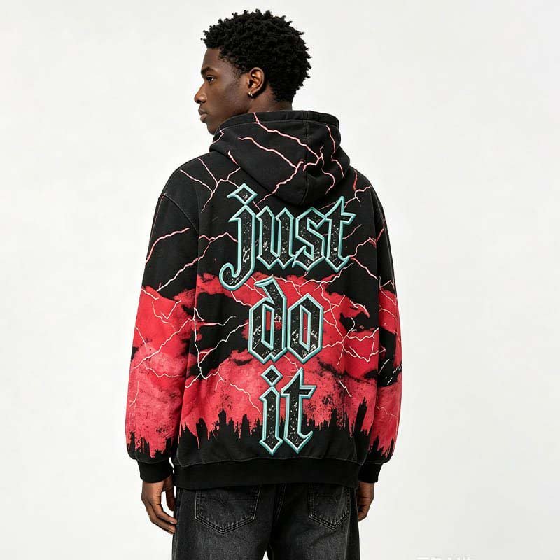 Liberty Statue Lightning Full Print Embroidery Zip Up Sweatshirt For Men (6) back full shot of men zip up hooded sweatshirt, full lightning print, large vertical "just do it" 3D embroidery, liberty statue streetwear jacket on male model