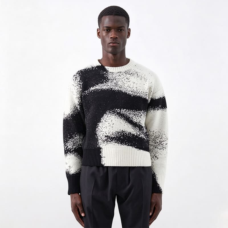 men crew neck pullover, 100% cotton jacquard knit with woven star and letter pattern