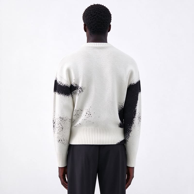 Custom Men 100% Cotton Jacquard Knit Crew Pullover OEM ODM Factory Winter Sweater (2) back view of men cotton knit pullover, jacquard graphic woven into knit fabric