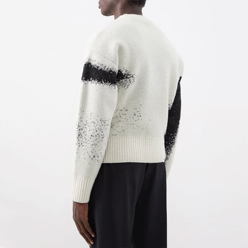 side profile men long sleeve cotton pullover, intarsia jacquard knit pattern
