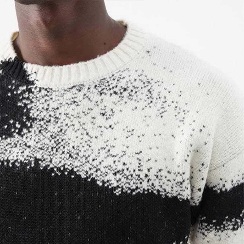 close-up shot rib crew neck detail of 100% cotton jacquard knit sweater