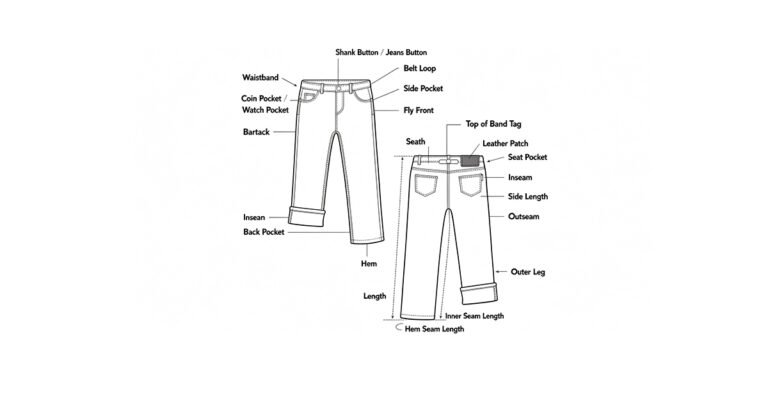 jeans details and measurement diagram showing technical parts and sizing reference for custom jeans tech pack documentation