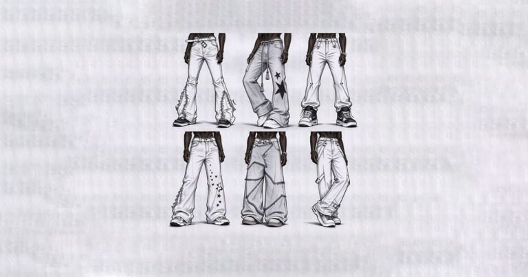 jeans fit sketch illustration showing 8 denim silhouettes: slim, straight, relaxed, tapered, bootcut, baggy, stacked and barrel fit for apparel design