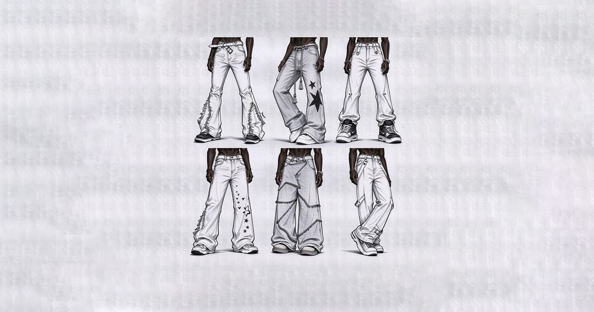 jeans fit sketch illustration showing 8 denim silhouettes: slim, straight, relaxed, tapered, bootcut, baggy, stacked and barrel fit for apparel design